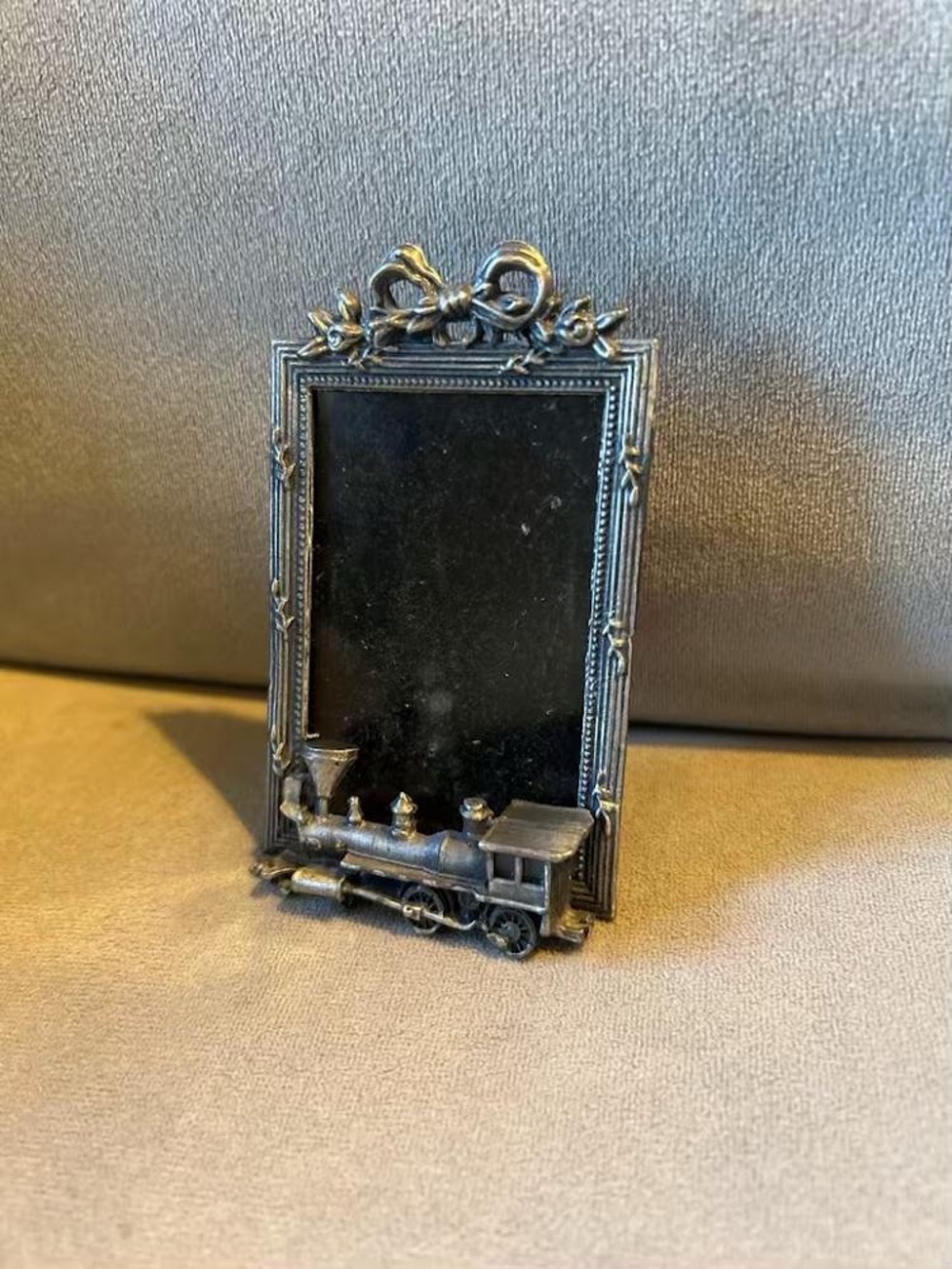 Vintage Miniature Pewter Metal Train Picture Frame Ornate Bow Top Locomotive